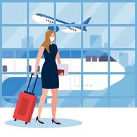 Nueva normalidad de mujer con máscara y bolsa en el diseño del vector del aeropuerto