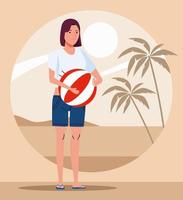 mujer joven, con, playa, globo, icono vector