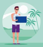 man wearing beach suit with fridge box character vector