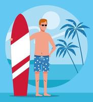 man wearing beach suit in surfboard character vector