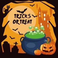 halloween tricks or treat lettering with cauldron witch vector