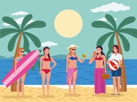young women wearing swimsuit on the beach characters vector
