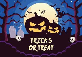 halloween tricks or treat lettering with pumpkins in cemetery night scene vector