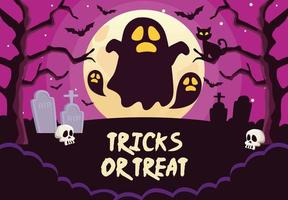 halloween tricks or treat lettering with ghosts in cemetery vector