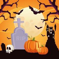 happy halloween card with skull and pumpkin in cemetery vector