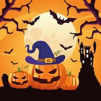 Tarjeta de feliz halloween con escena de castillo y calabazas vector