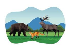 big bear and fox with reindeer animals in the landscape scene vector