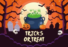 halloween tricks or treat lettering with cauldron witch in cemetery vector