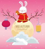 mid autumn celebration card with rabbit in full moon scene vector