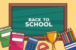 back to school lettering in chalkboard with elements vector