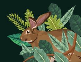 cute rabbit with leafs scene vector