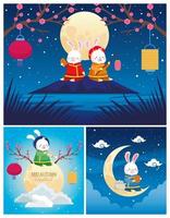 mid autumn celebration cards with rabbits and moons scenes vector