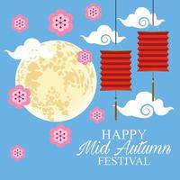 happy mid autumn festival card with lanterns hanging and moon vector