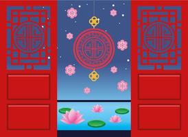 happy mid autumn festival card with seal hanging in doors vector