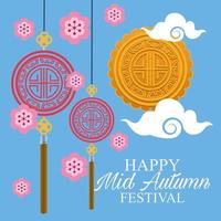 happy mid autumn festival card with lanterns hanging vector