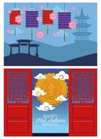 happy mid autumn festival card with lanterns hanging vector