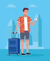 tourist man standing with smartphone and suitcase on the city character vector