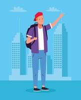 tourist man standing with travelbag on the city character vector