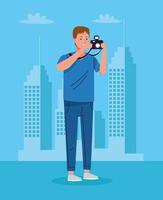 tourist man standing with camera photographic on the city character vector