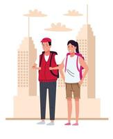 tourists couple with travelbags on the city characters vector