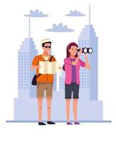 tourists couple with binoculars and papermap on the city characters vector