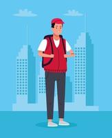 tourist man with travelbag on the city character vector