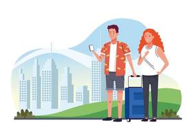 tourists couple standing with suitcase on the city characters vector