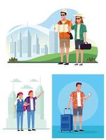 tourists people group with papermap and suitcase scenes characters vector