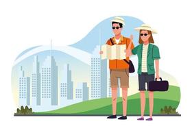 tourists couple standing with papermap on the city characters vector