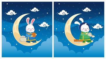 mid autumn celebration card with rabbits in crescent moons scenes vector