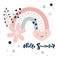 Poster Vector rainbow with heart and rain dots in cartoon scandinavian style text hello summer and flowers bouquet isolated on white background for kids