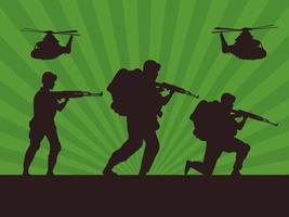 military soldiers with guns and helicopters silhouettes in green background vector