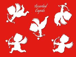 White Cupids In Various Poses Set Isolated On A Red Background vector