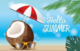 hello summer season holiday with coconut and umbrella vector