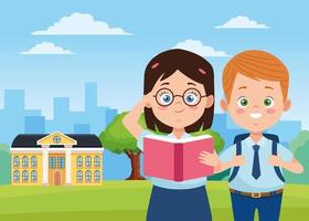 little students couple with uniforms and book characters vector