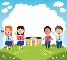 little students group with uniforms in the school characters vector