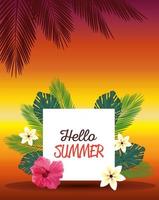 hola vacaciones de temporada de verano con letras y flores vector