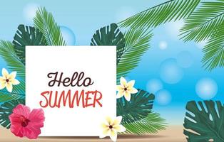 hello summer season holiday with lettering and flowers vector