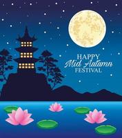 feliz tarjeta del festival del medio otoño con castillo y luna vector