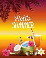 hello summer season holiday with cocktails and fruits vector