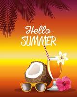 hello summer season holiday with coconut and cocktail vector