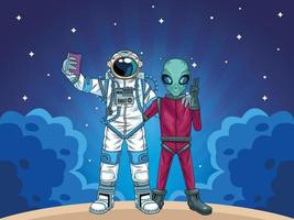 astronauta y alienígena tomando una selfie en el espacio. vector
