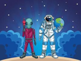 astronauta y alienígena en los personajes del espacio. vector
