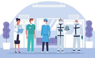 group of doctors staff wearing medical mask in the hospital place vector