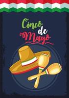 cinco de mayo celebration with mariachi hat and maracas vector