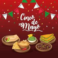cinco de mayo celebration with garlands and food vector