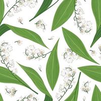 Seamless pattern of spring lily of the valley Endless repeatable design background with plant blossoms white flowers Vector illustration for wrapping