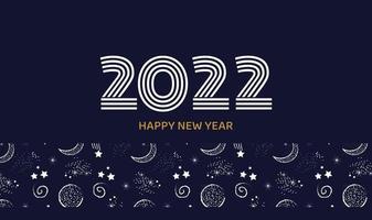 Postal o banner horizontal feliz año nuevo 2022 en color azul oscuro con vector de fondo espacial