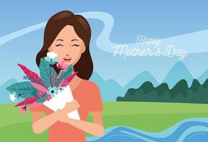 happy mothers day character with flowers bouquet in he field vector