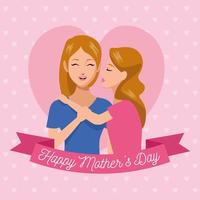 happy mothers day character with daughter ribbon frame vector